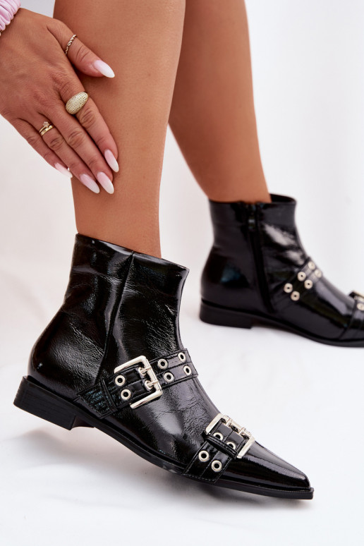 s lakovým efektom Dámske čižmy so širokými podpätkami S pruhmi I s prackamimi čierna Hamira