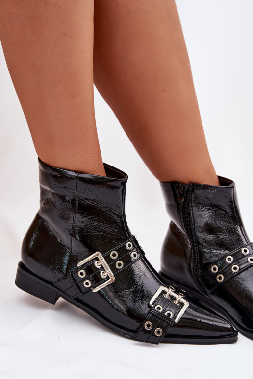 s lakovým efektom Dámske čižmy so širokými podpätkami S pruhmi I s prackamimi čierna Hamira