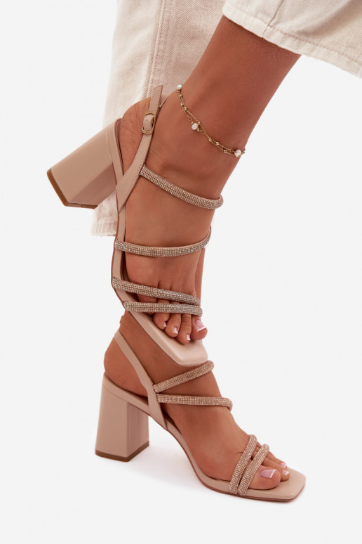 Dámske sandále na vysokom opätku S pruhmi A zirkóny béžová Brelia