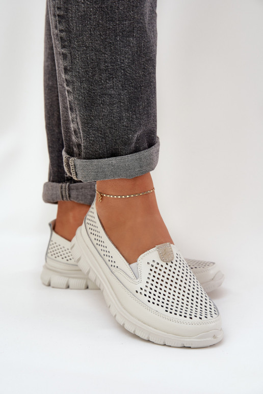 Jednoduché Kožené s prvkami prelamovania Dámske mokasíny na platforme biela farba Tanelora