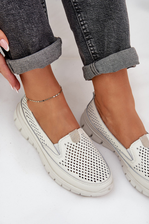 Jednoduché Kožené s prvkami prelamovania Dámske mokasíny na platforme biela farba Tanelora