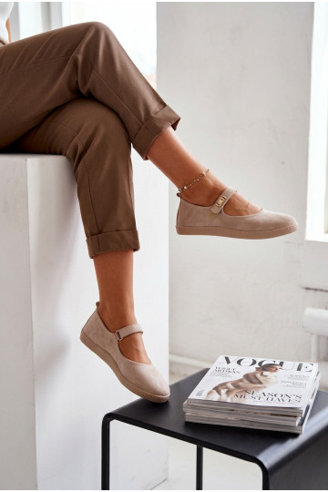 Kožené Semišové balerínky Barefoot s popruhmi Zazoo 10206 béžová