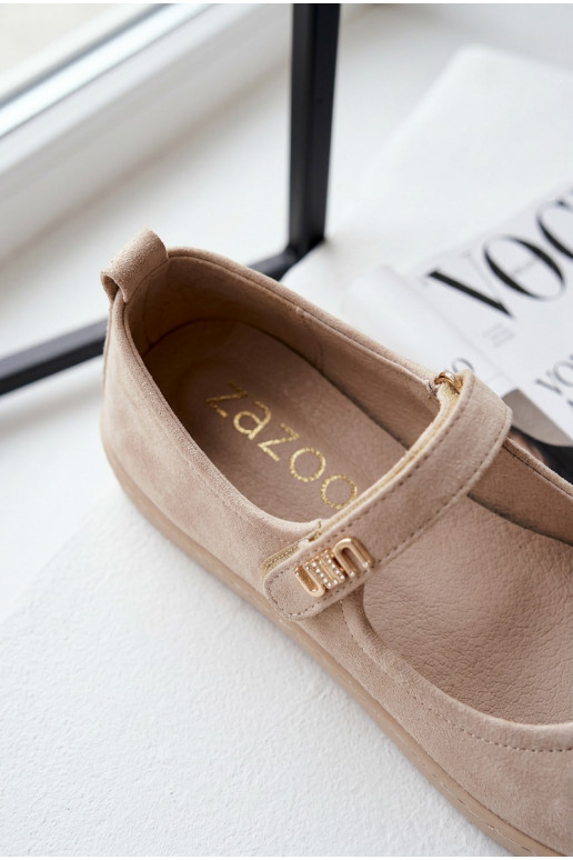 Kožené Semišové balerínky Barefoot s popruhmi Zazoo 10206 béžová