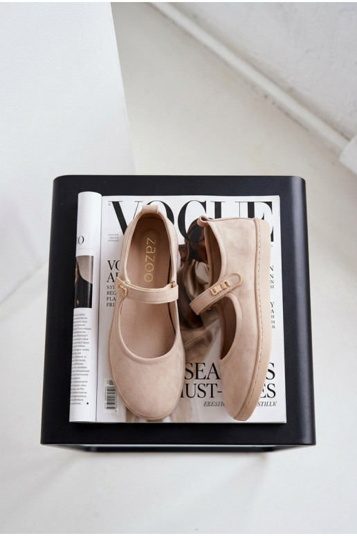 Kožené Semišové balerínky Barefoot s popruhmi Zazoo 10206 béžová