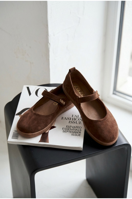 Kožené Semišové balerínky Barefoot s popruhmi Zazoo 10206 CzekoladoIne