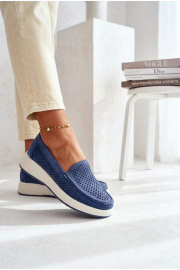Dámske mokasíny s perforovanými prvkami Sergio Leone MK097H modrej farby