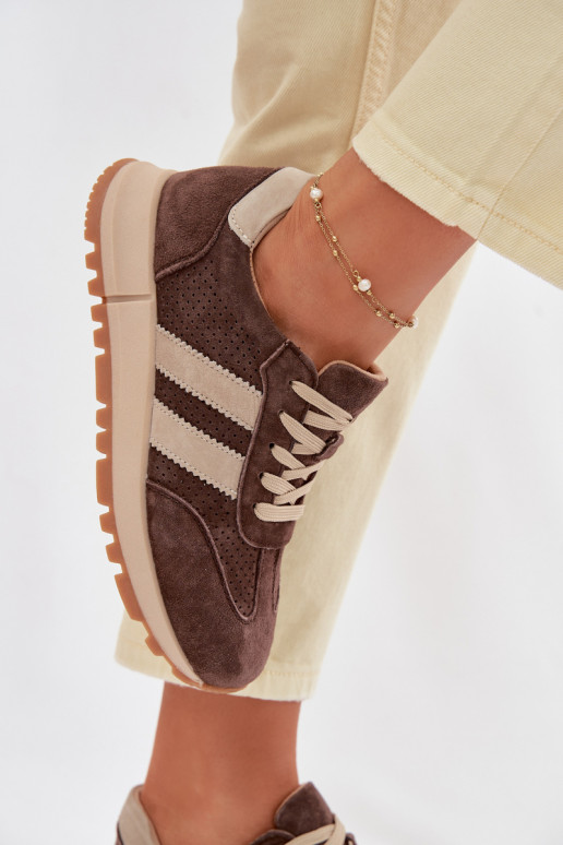 Dámske tenisky z umelej kože hnedej farby