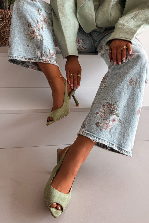 Dámske sandále s tenkými podpätkami z eko semišuoIne zelená farba Sevina