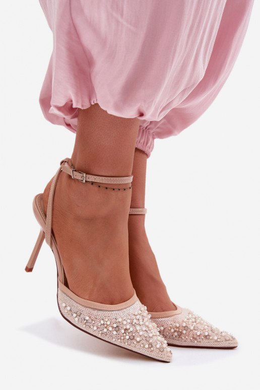 Dámske sandále s tenkými podpätkami Zdobené flitrami I koralové farbyikami béžová Nedira