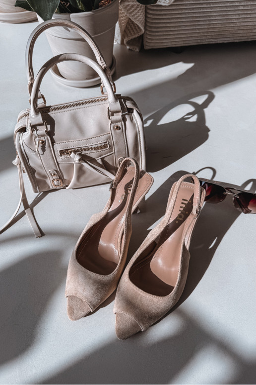 Dámske sandále s tenkými podpätkami z eko semišuoIne béžová Sevina