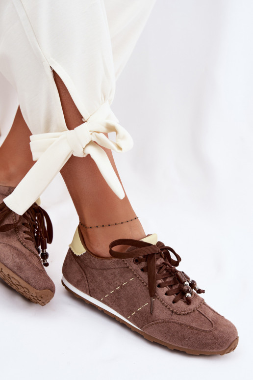 Tenisky model obuvi Dámska nízka s korálkami Hnedá farba Galora