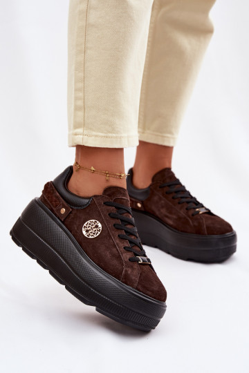 Kožené zo semišu Tenisky model obuvi Dámske s platformou D&A LR61-7094 CzekoladoIne