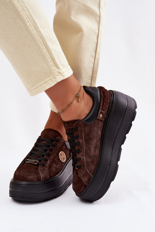 Kožené zo semišu Tenisky model obuvi Dámske s platformou D&A LR61-7094 CzekoladoIne