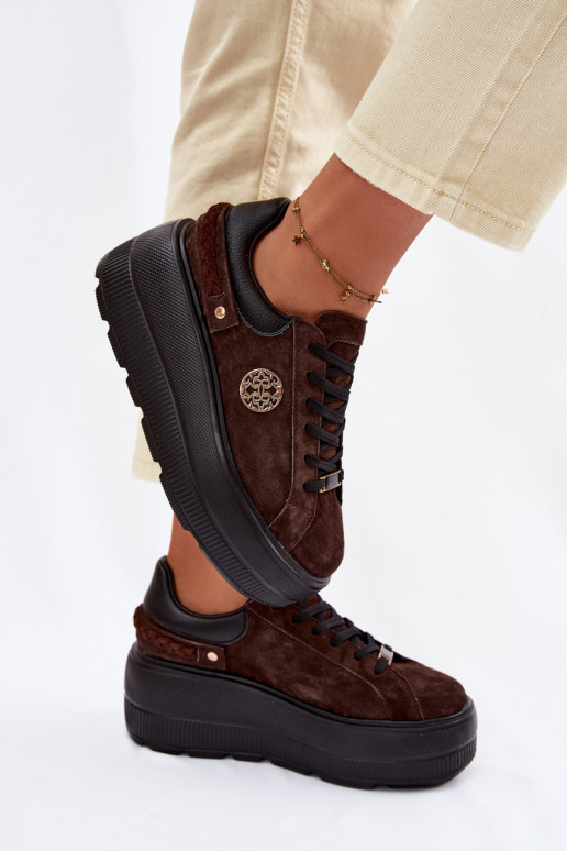 Kožené zo semišu Tenisky model obuvi Dámske s platformou D&A LR61-7094 CzekoladoIne