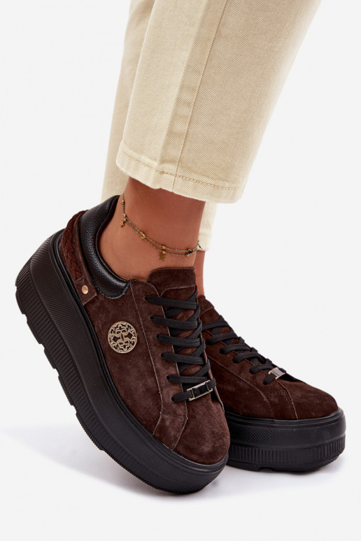 Kožené zo semišu Tenisky model obuvi Dámske s platformou D&A LR61-7094 CzekoladoIne