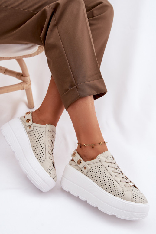 Kožené s prvkami prelamovania Tenisky model obuvi Dámske s platformou s popruhmi Zapnuté Pięcie D&A LR61-7088 béžová