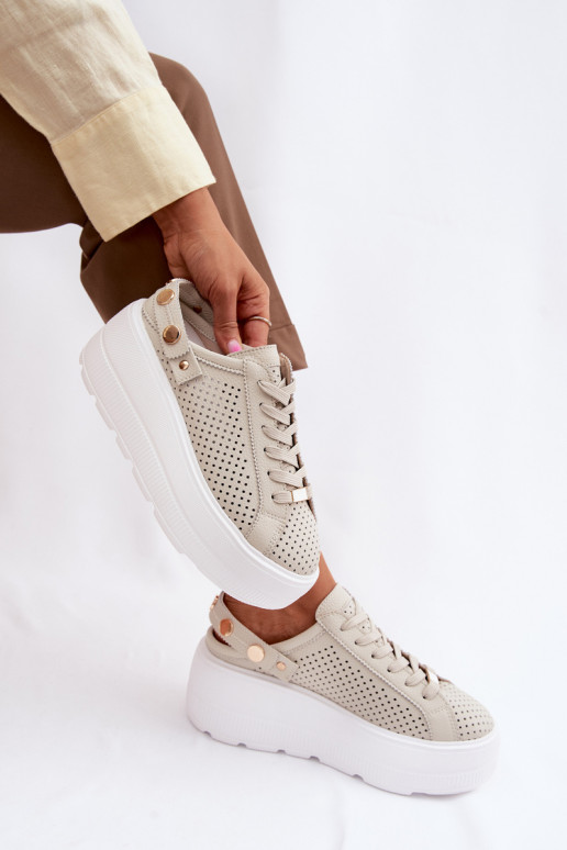 Kožené s prvkami prelamovania Tenisky model obuvi Dámske s platformou s popruhmi Zapnuté Pięcie D&A LR61-7088 béžová