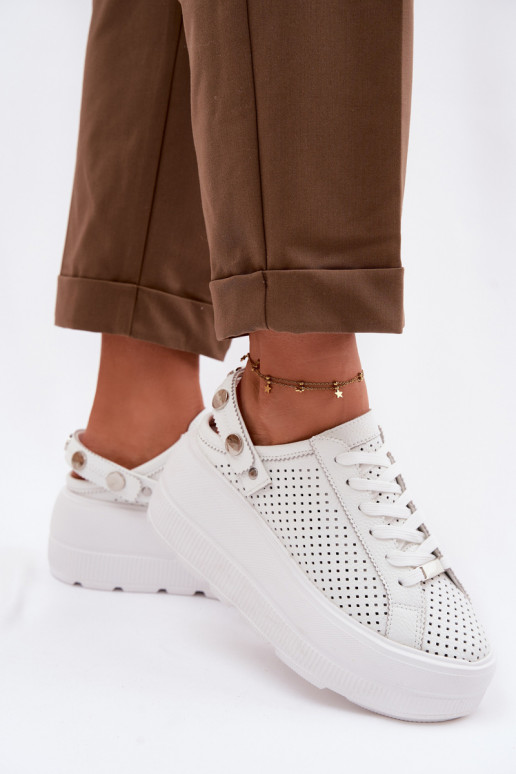 Kožené s prvkami prelamovania Tenisky model obuvi Dámske s platformou s popruhmi Zapnuté Pięcie D&A LR61-7088 biela farba