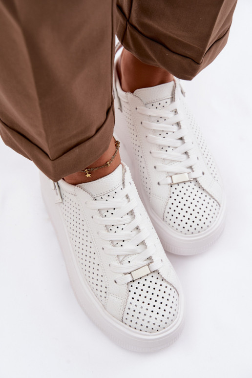 Kožené s prvkami prelamovania Tenisky model obuvi Dámske s platformou s popruhmi Zapnuté Pięcie D&A LR61-7088 biela farba