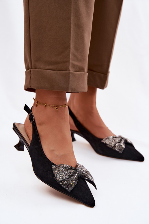 Kožené Semišové sandále so stuhami s podpätkami D&A CR61-3130 čierna