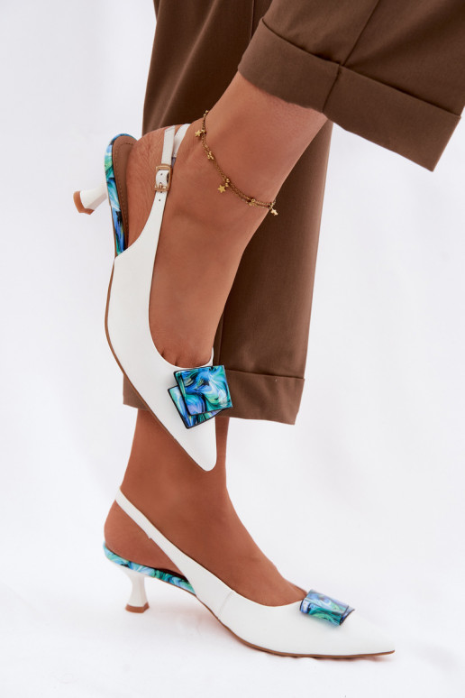 Kožené Topánky Dámske s podpätkami s ozdobami D&A LZ61-2006 biela farba