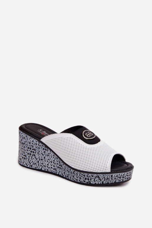 Kožené papuče s platformou s ozdobami S.Barski LR61-7011 biela farba