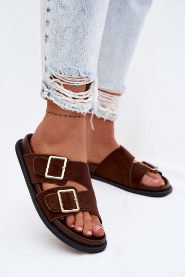 Dámske papučeImitacji zo semišuu zlatej farby s prackami CzekoladoIne Selissea 2