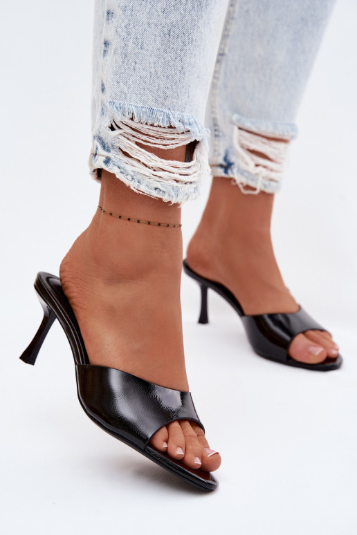 s lakovým efektom PapučeImitacji Skóry s tenkými podpätkami čierna Melissea