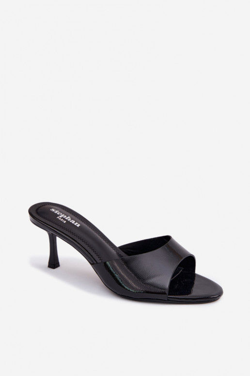 s lakovým efektom PapučeImitacji Skóry s tenkými podpätkami čierna Melissea
