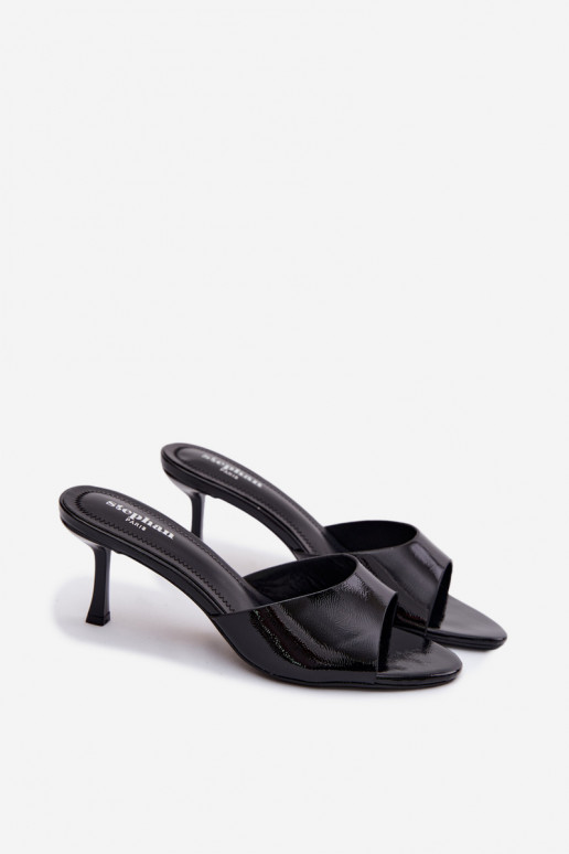 s lakovým efektom PapučeImitacji Skóry s tenkými podpätkami čierna Melissea