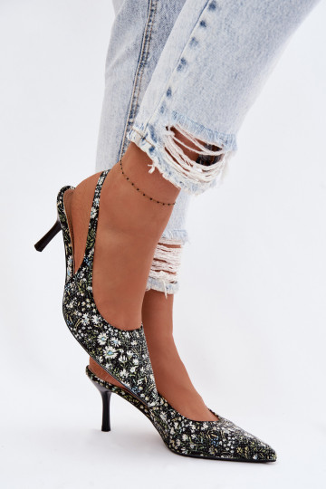 Zdobené Dámske sandále s tenkými podpätkami s kvetmi čierna Olivelle