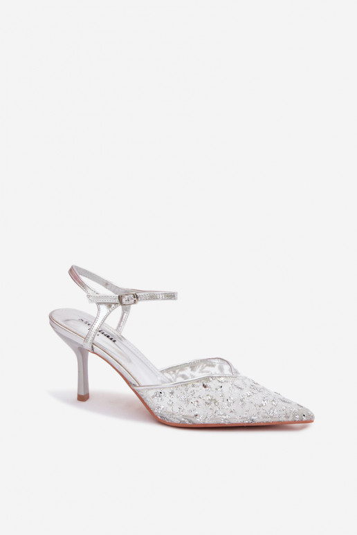 Sieťovina Dámske sandále s tenkými podpätkamis leskomującym Zdobieniem strieborná farba Laria