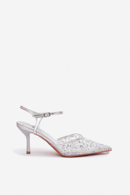Sieťovina Dámske sandále s tenkými podpätkamis leskomującym Zdobieniem strieborná farba Laria