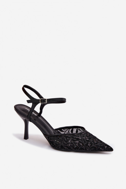 Sieťovina Dámske sandále s tenkými podpätkamis leskomującym Zdobieniem čierna Laria