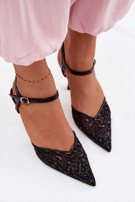 Sieťovina Dámske sandále s tenkými podpätkamis leskomującym Zdobieniem čierna Laria