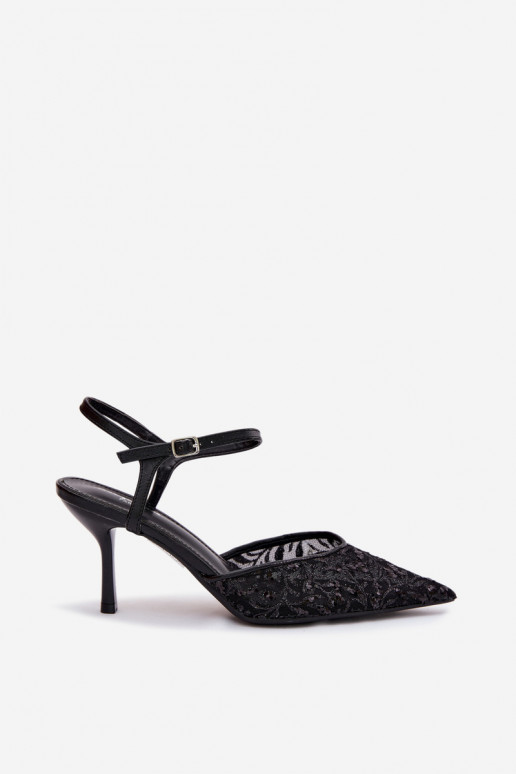 Sieťovina Dámske sandále s tenkými podpätkamis leskomującym Zdobieniem čierna Laria