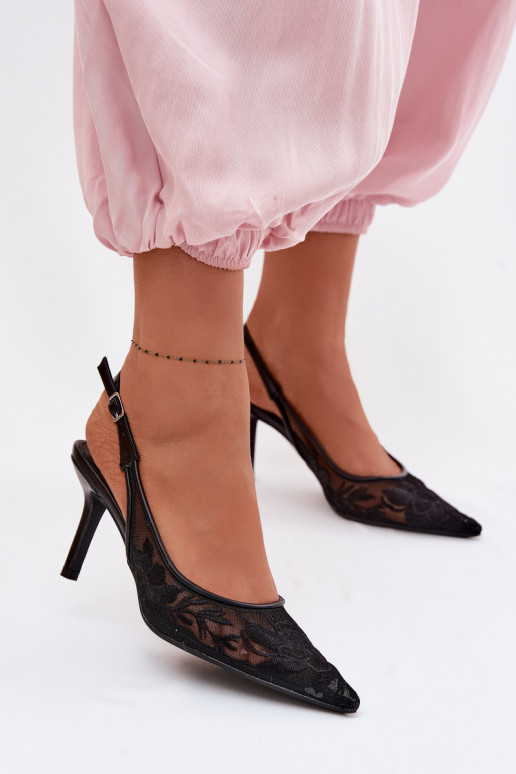 s čipkovými motívmi Sieťovina sandále s tenkými podpätkami čierna Mávia