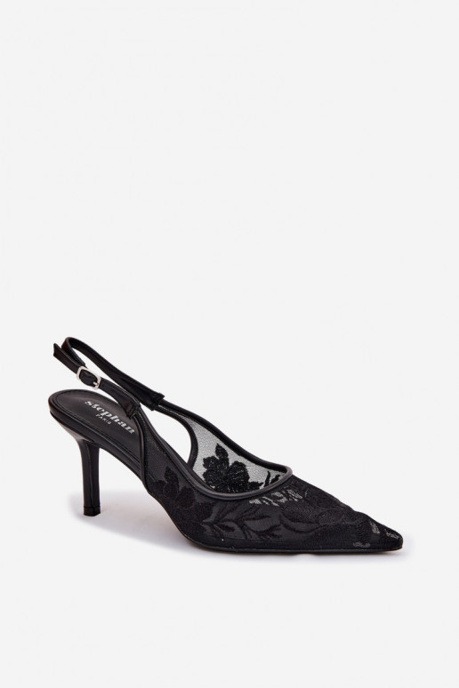 s čipkovými motívmi Sieťovina sandále s tenkými podpätkami čierna Mávia