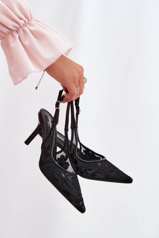 s čipkovými motívmi Sieťovina sandále s tenkými podpätkami čierna Mávia