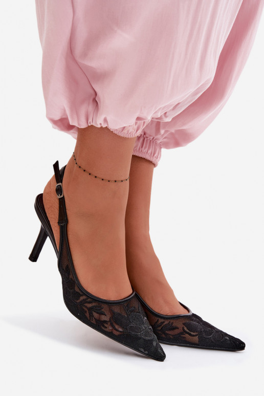 s čipkovými motívmi Sieťovina sandále s tenkými podpätkami čierna Mávia