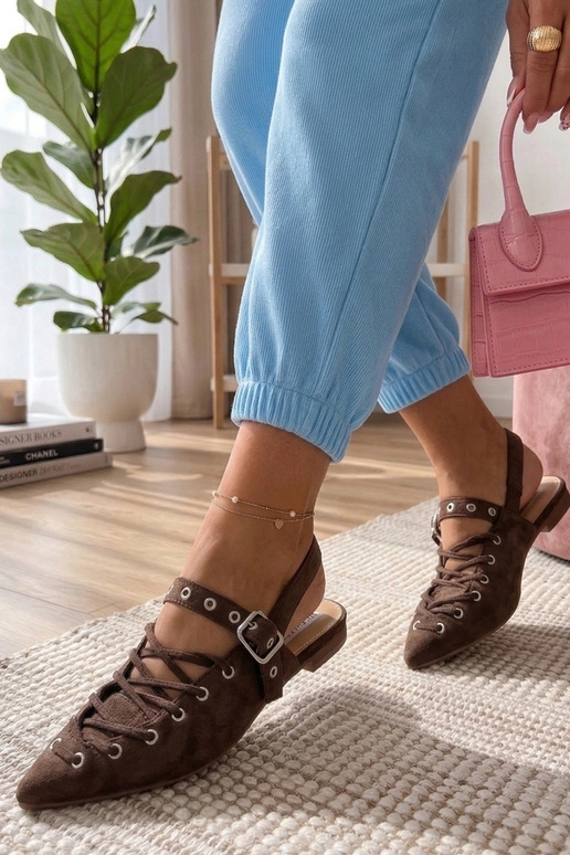 Brązowe Balerinki Z Odkrytą Piętą...