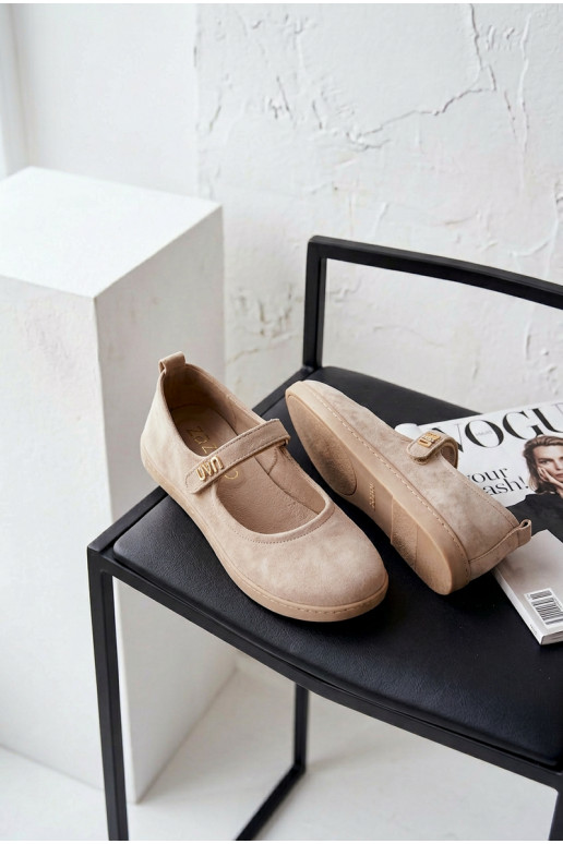 Kožené semišové baleríny Barefoot so remienkami Zazoo 10206 farby piesku