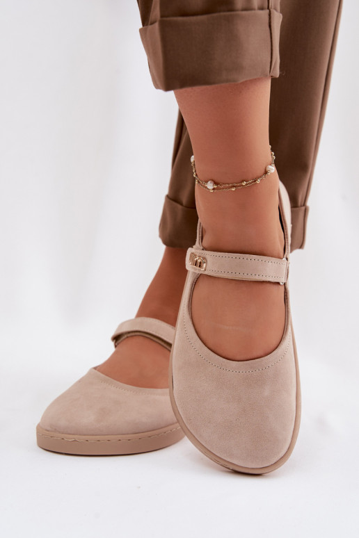Kožené semišové baleríny Barefoot so remienkami Zazoo 10206 farby piesku