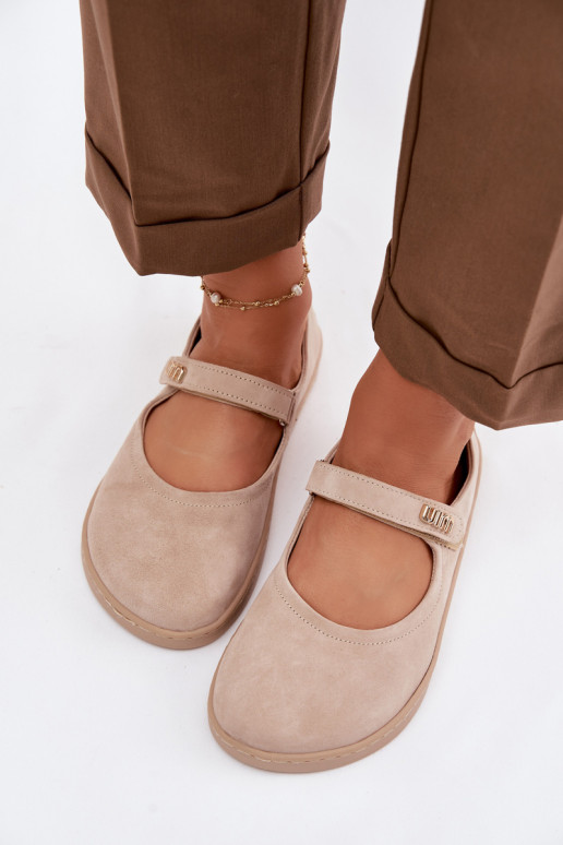 Kožené semišové baleríny Barefoot so remienkami Zazoo 10206 farby piesku