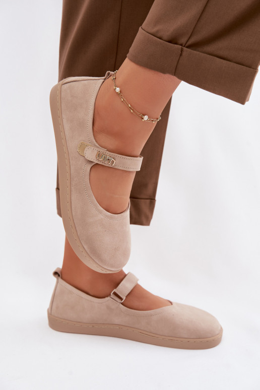Kožené semišové baleríny Barefoot so remienkami Zazoo 10206 farby piesku