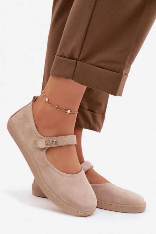 Kožené semišové baleríny Barefoot so remienkami Zazoo 10206 farby piesku