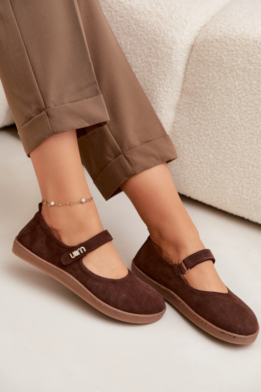 Kožené semišové baleríny Barefoot so remienkami Zazoo 10206 farby čokolády