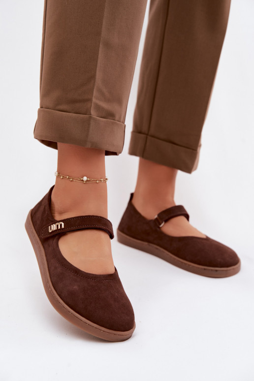 Kožené semišové baleríny Barefoot so remienkami Zazoo 10206 farby čokolády