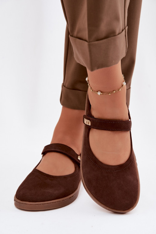 Kožené semišové baleríny Barefoot so remienkami Zazoo 10206 farby čokolády