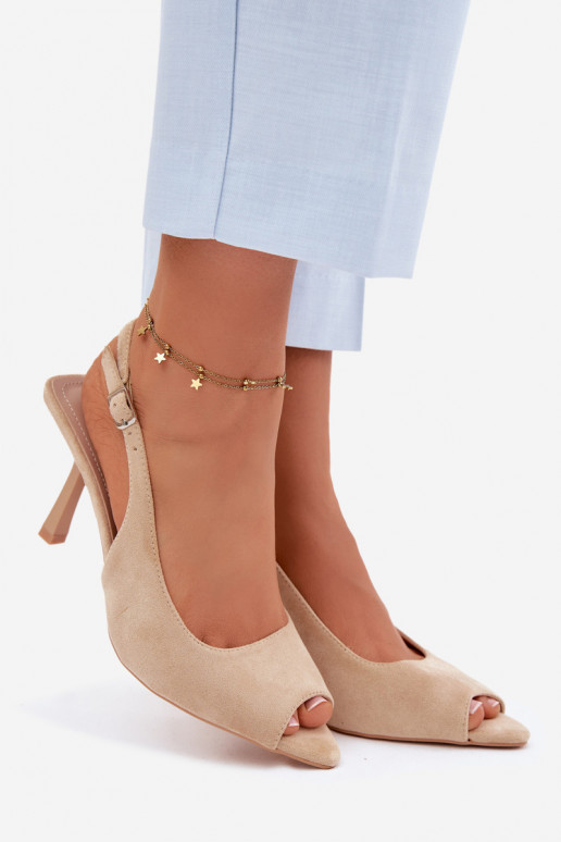 Dámske sandále s tenkými podpätkami z umelého semišu pieskové Sevina